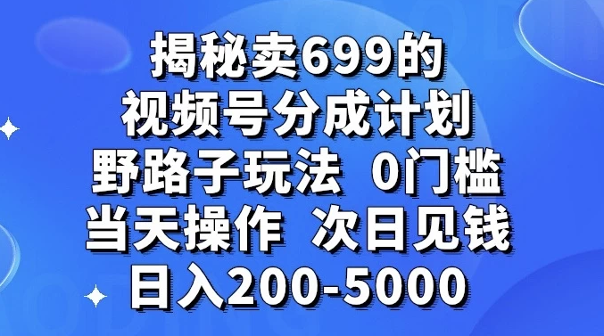 零门槛野路子玩法揭秘：卖699的短视频号分成计划，当天操作，次日即可赚取200-5000元(图1)